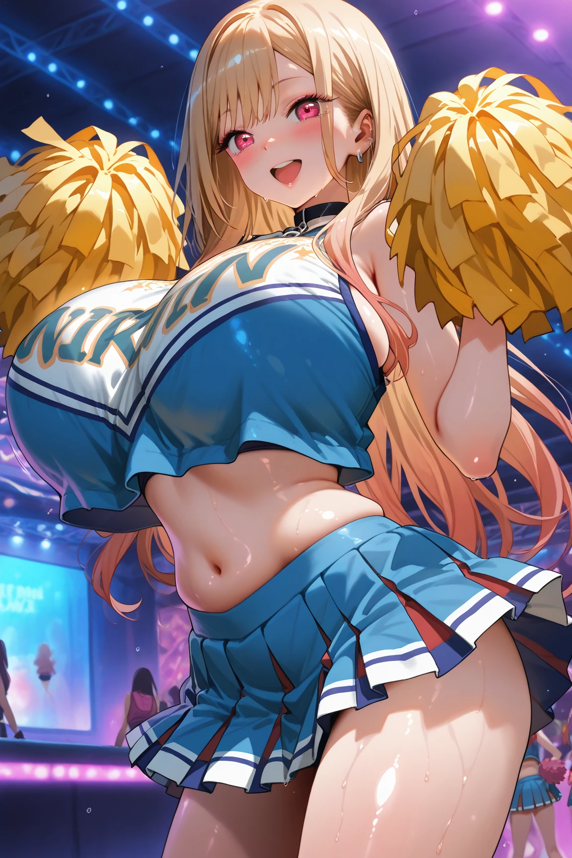 A parade, a busty cheerleader holding a can of beer in each hand, her costume wet with beer and her skin showing through.