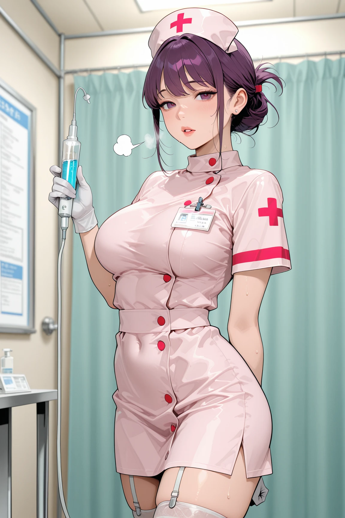 1girl, solo, nurse, nurse cap, white wear, ((white legwear, zettai ryouiki)), white gloves, pink hair,  drooping eyes, ((covered nose)), standing, ((hospital room)), sharp outline, short sleeves, best quality, masterpiece，Fleshy，Brown eyes，Fleshy，Black hair，happy，lol，Heart，belt