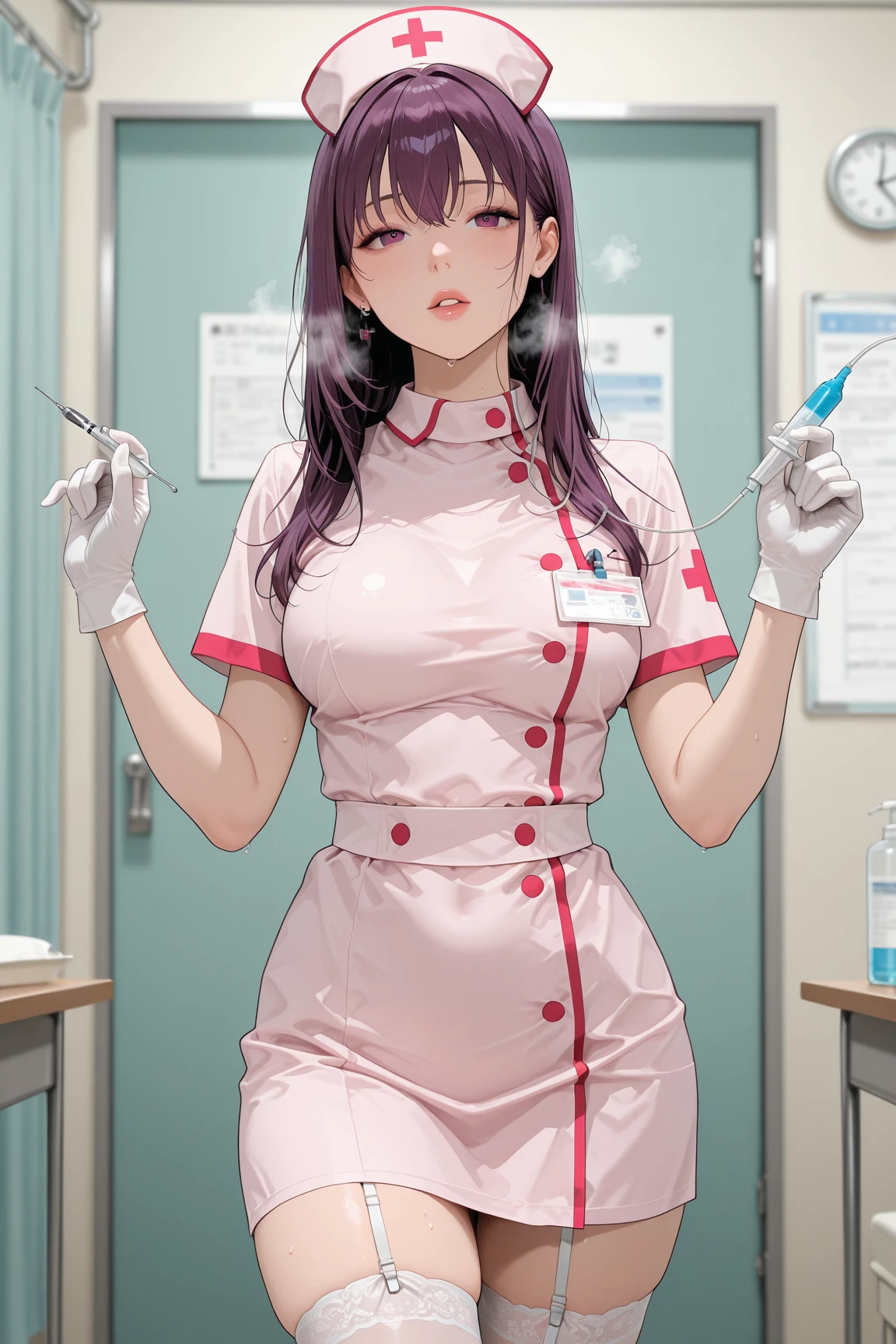 1woman, solo, nurse, white nurse cap, white nurse uniform, ((white legwear, zettai ryouiki)), white gloves, long hair, purple hair, red eyes, pink lips, smile, standing, ((hospital room)), sharp outline, short sleeves, mature female, 35 years old, best quality, masterpiece