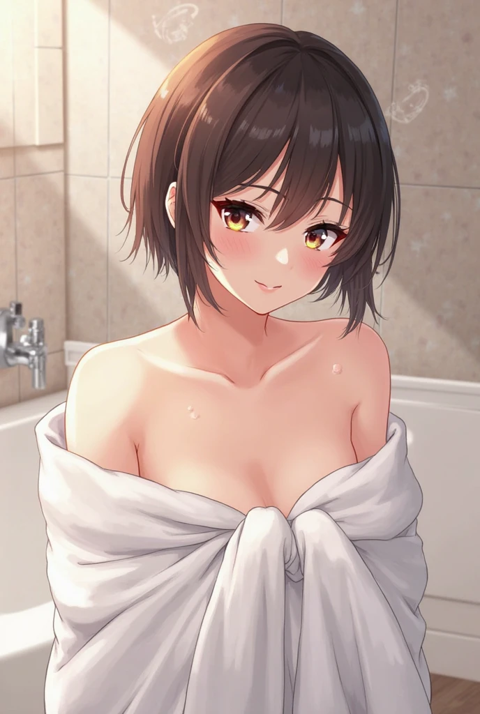 1man with short brown hair, blush, blue eyes, tall, , nude, in bathroom, big cock, full stand,