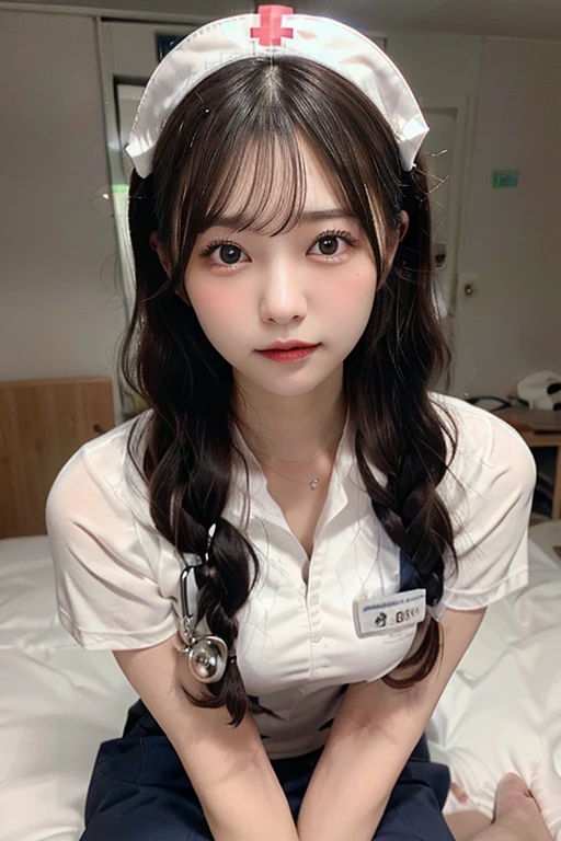nurse cosplay,nurse outfit,(open mouth:1.5),(tongue out:2),lying,finger to chin,overhead shot,front view,face focus,(1girl,Beautiful 14 year old girl,teenager),((Slender,Small breasts,Small face,)),(looking at viewer),Black Hair,bangs,one side up,Beautiful and detailed,(Dimly lit room:1.5),White bed,pillow,Mischievous smile