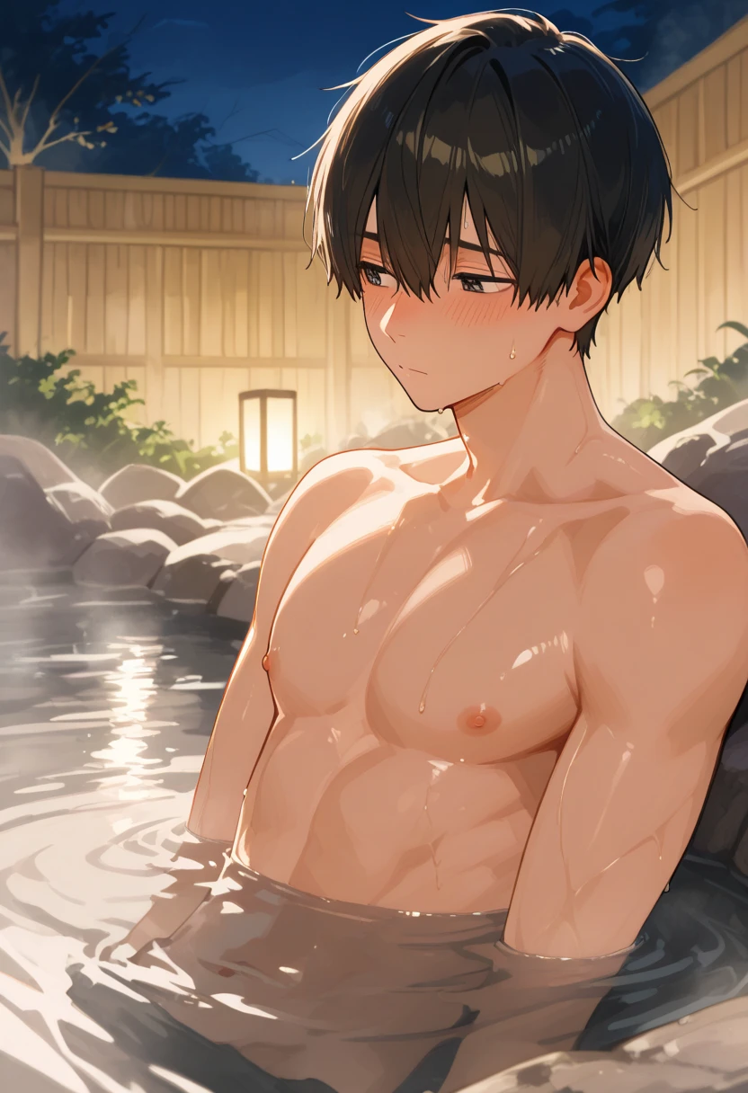 close up of your face、indoors, window, reflection, bathroom, scenery, Bathtub,(masterpiece), (best quality), (steam,crap:1.5), bathroom, (sitting in water:1.3), Nude, shiny skin, masterpiece、Highest quality、(25-year-old male:1.5) and (Black short hair) and (blue eyes), naked、smile、(Alone:1.5)