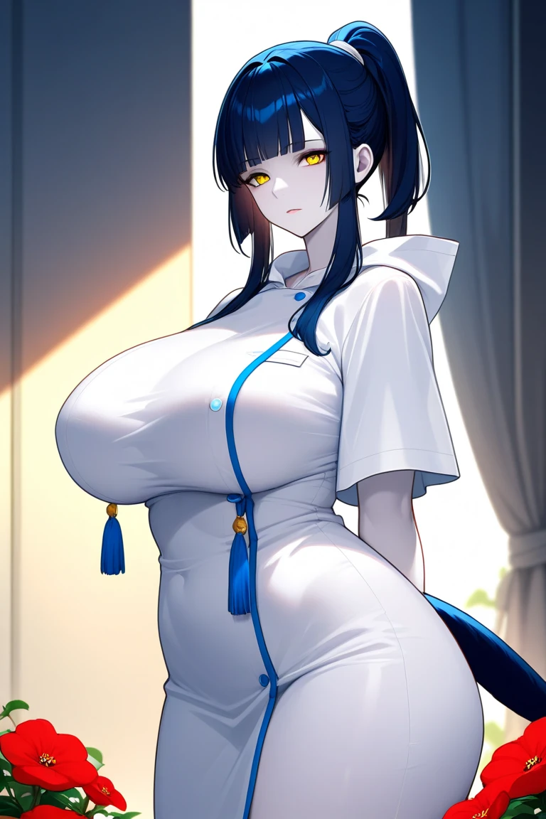 ,orange jumpsuit, uniform, orange pants,Waist Chain, Hands tucked in between thighs, arms tucked in between thighs, Handcuffs, big breasts, long silver hair, blue eyes, milf, ponytail