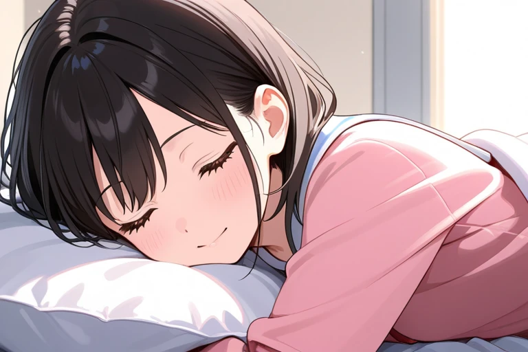 Highest quality, masterpiece, Ultra-high resolution, 8K,Show anime style , Soft Line Art, Digital Enhancement, shojo anime touch, shojo manga core, Flowing fabric, close, Soft Drawing, Ultra-Definition Digital Anime Art, Clear facial depiction, Super detailed girl cartoon character art, Ultra-detailed manga style, Highest qualityの色,((( 1People Women))),独奏,(A woman with short brown hair), Wet Hair,Beautiful brown hair, Clear brown eyes, Slightly chubby,Small breasts,pajamas,((She is sleeping in bed with the covers on.)),I'm lying next to her in bed with her, watching her.,Peaceful sleeping face,She wakes up,I call out good morning,She lay face down in the futon.,She rested her cheek on the pillow and turned her face towards me.,((She smiled with a lovely smile.)),Captivating smile,blush,(Focus on face