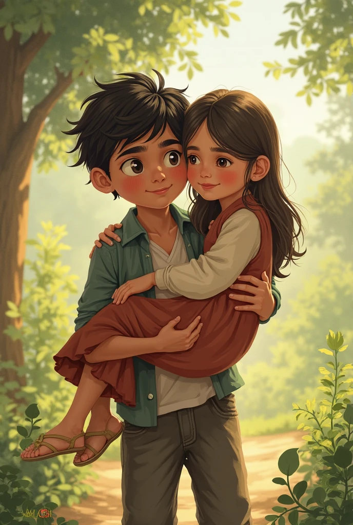 A boy lifting and carrying a girl in his hands