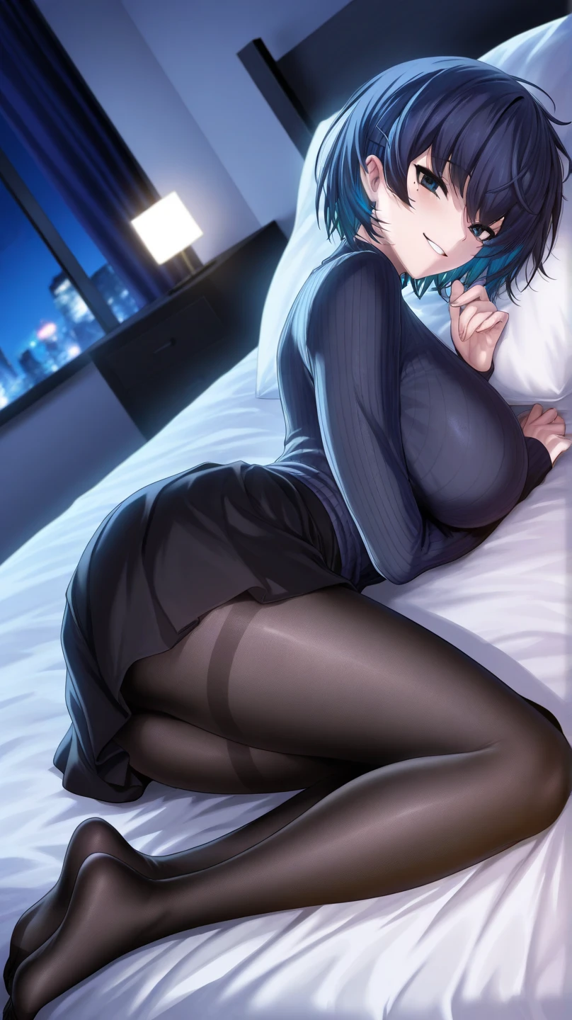 tmasterpiece、Need、Highest high resolution、Japanese high school student、Japanese high school girl、Dark blue top、a black pleated skirt、The slender legs are wearing dark black pantyhose、No shoes、ccurateblack hair、Long straight hair, blue colors+Black colored eyes、Sit by the large floor-to-ceiling windows、Outside the window is a sight that can only be seen from the upper floors:Illuminated streets、Brilliant neon lights、Dark night sky and starry sky。