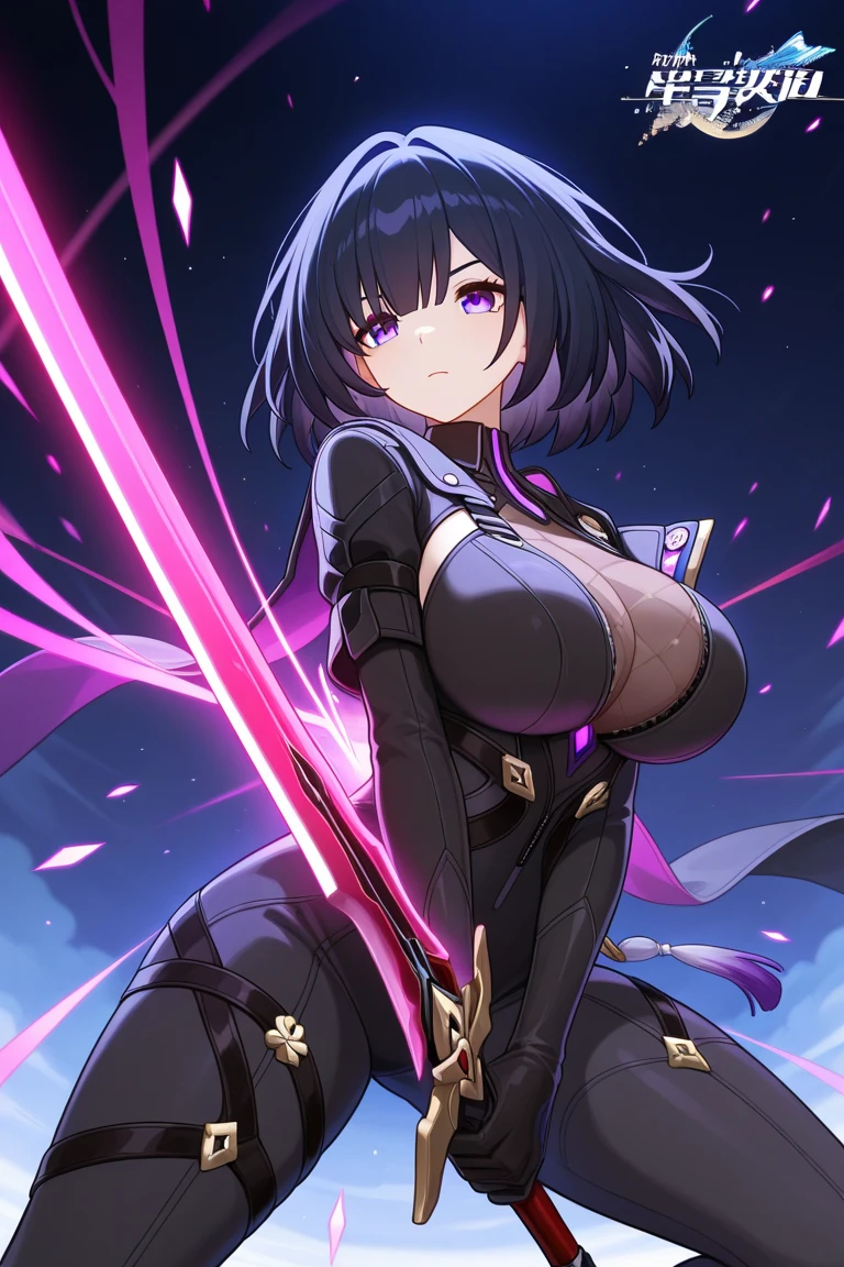 black hair pink eyes 女ninja ninja Kunoichi big breasts japanese landscape high resolution 最high resolution masterpiece 1 person girl posing Ninja short hair cute Shuriken battle smile