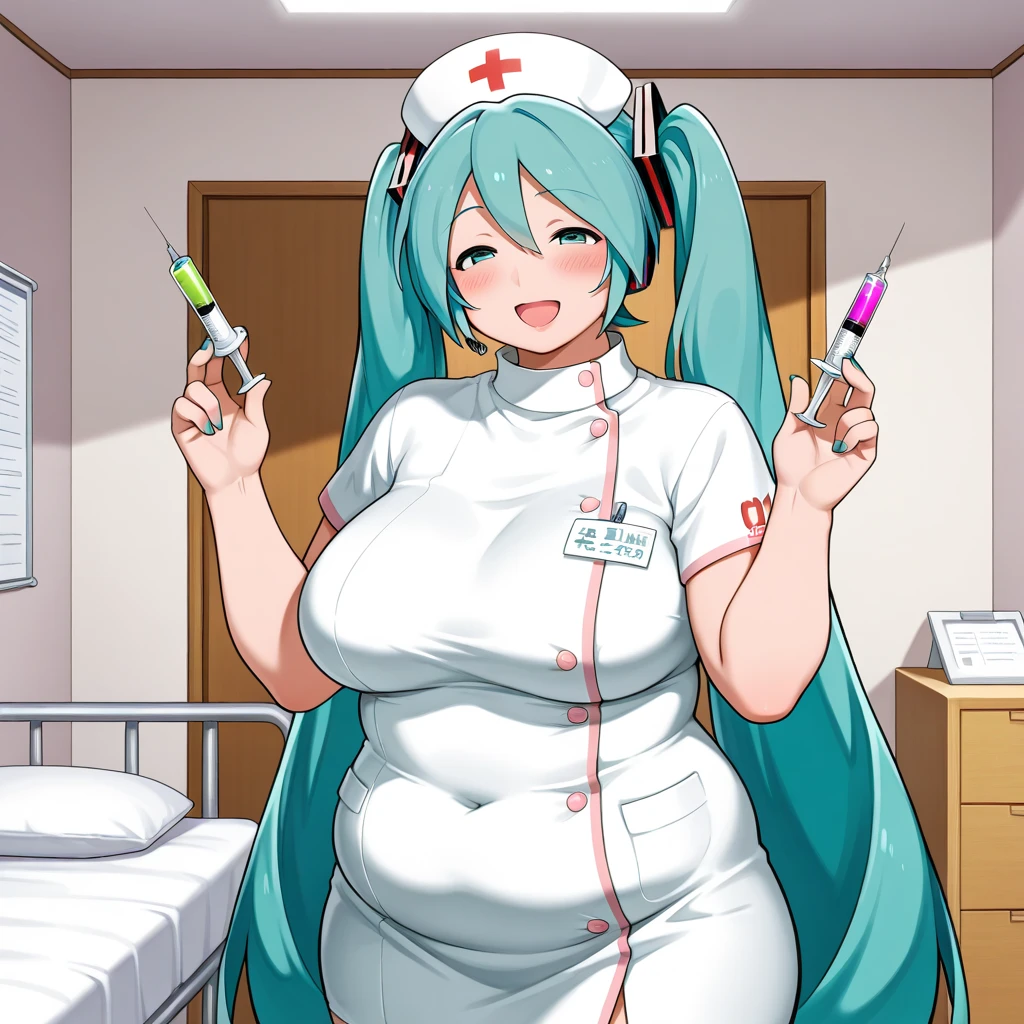 1girl, pekomama, long hair, smile, mature female,  red eyes,super huge breasts,super Whipped thighs,Emphasis on the thighs,white nurse costume,nurse cap,stethoscope in hand,hair over shoulder,Females in heat,lewd expression,looking at viewer,upturned eyes,indoors, inside the hospital, hospital room,midnight,full body,(very aethetic, best quality, ultra detailed), intricate details