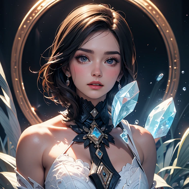 beautiful woman wearing a dress,Upper body portrait、8k,Beautiful details in the eyes,Dindal effect、masterpiece, 最high quality, high quality, High resolution、Super detailed photos、(Natural skin texture、Detailed skin、Hyperrealism、Ultra Sharpness)、Skin with attention to detail、(Very detailed、Detailed skin texture、Intricate details、Beautiful Face、(A vivid face)、Realistic eyes、Beautiful and fine details、Realistic Skin、Beautiful skins、Surreal、Very detailed、Golden Ratio、((Night moonlight background))、Upper body portrait