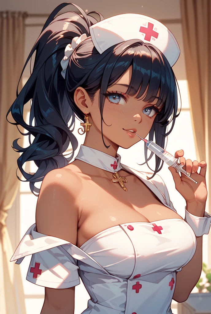 big, highres,white lingerie,(in heat,vulgarity:1.8),1girl, (1boy,trembling,big penis,excessive cum ,pojecile cum,cum in breasts:1.4),pov, on breasts,(large breats,pointy breasts),((dangle earrings)), breast focus, taking a on her face, string tits,,, sexy pose,top-quality、Full limbs、complete fingers、1 beautiful woman、beautiful detailed eyes、super detailed skin、sweat、oil、Slender beauty、straight haired、blown hair、french braid、blunt bangs、head tilt、((black Nurse bikini、covered erectile nipples、very skinny))、cleavage、black nurse hat、White pantyhose、hospitals、Hospital Room、on Patient bed、(stethoscope)、((((vulgarity))))、spoken heart、(light dark skin:1.4)、