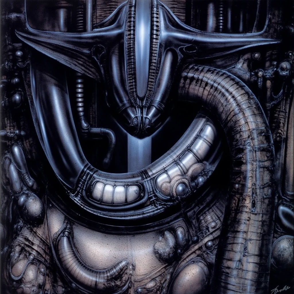 HRGigerArhP style, biomechanoid style, nsfw, Giger_style, The image is a detailed view of H.R. Giger's \" Li II \" plate, featuring a complex network of bones and organs in a purple-brown hue ,swirling gray and brown colorsgroup of three alien figures positioned in the foreground.  Emaciated and skeletal, with hollow eyes, they appear to be constructed from bone and  metallic  elements,  a  characteristic  fusion  of  organic  and  mechanical  forms  found  in  Giger's  biomechanical  art.  
 The image features a surrealistic painting featuring a woman with a skull for a head, surrounded by monstrous, tentacled beings., standing in a room with a glowing screen displaying the word \"EVE\" and a hand reaching out to touch its face.  The background is a dark and  limited  space  painted  in  a  uniform  blue-green color.  This  lack  of  detail  keeps  the  focus  on  the  figures  and  creates  a  sense  of  mystery  about  their  environment.  Receding into the distance  are  a  series  of  arches  and  tunnels  that  hint  at  a  larger  biomechanical  landscape,  possibly  the  work  of  the  creatures  themselves The artwork is silver and purplish brown, with an ivory bones prominently displayed.
This piece is likely created using pen and ink wash. The fine lines used to outline the foreground figure and the textures on the floor are consistent with pen and ink work. The background shows areas of flat tone and shading, which could have been achieved using a wash of ink or watercolor. The artwork leans heavily on dark surrealism. The central figure is humanoid but distorted, with an elongated head and insect-like protrusion on its back. The scale of the figure in relation to its surroundings is unnatural, further contributing to the surreal atmosphere. There are subtle influences of biomechanical art present. The organic form of the humanoid figure is integrated with technological element 