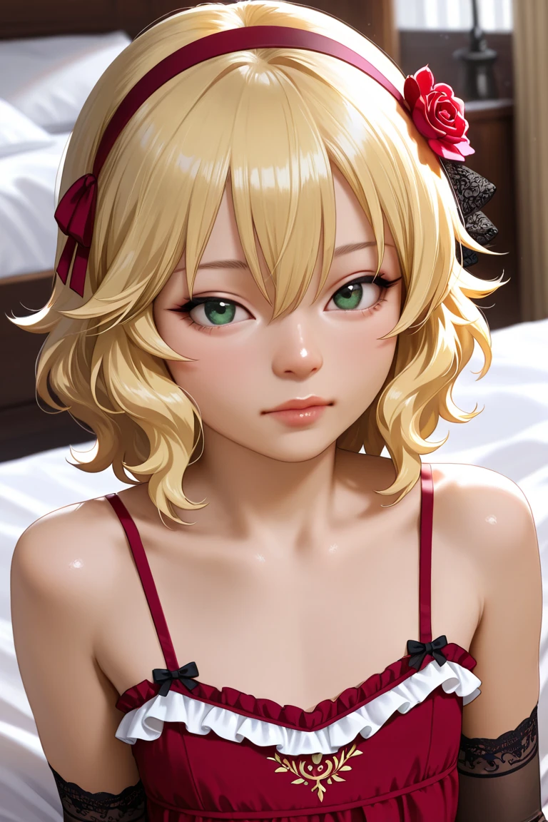 National Science Foundation,masterpiece,High resolution,8K,Art,digit,Three-dimensional,Realism,Kyoto Animation Style,Your name style,looking into camera,Soft Light,Glowing skin,(Huge breasts:1.2),(1 female: 1.3),(alone: 1.4),(((blonde))),(Gorgeous,Sparkling black lace bra and briefs),(Gorgeous閃閃發光的黑色蕾絲過膝長襪),(ruby hairpin),(Small,ruby necklace),(Small,ruby earrings),Long eyelashes,Slender legs,Short Bob,Close-up of upper body,Close-up,lying down,(dark red eyes),(open mouth),(blush),(shy),(lovely and delicate),(Pitiful),(cry),(pain),(((sadness)))