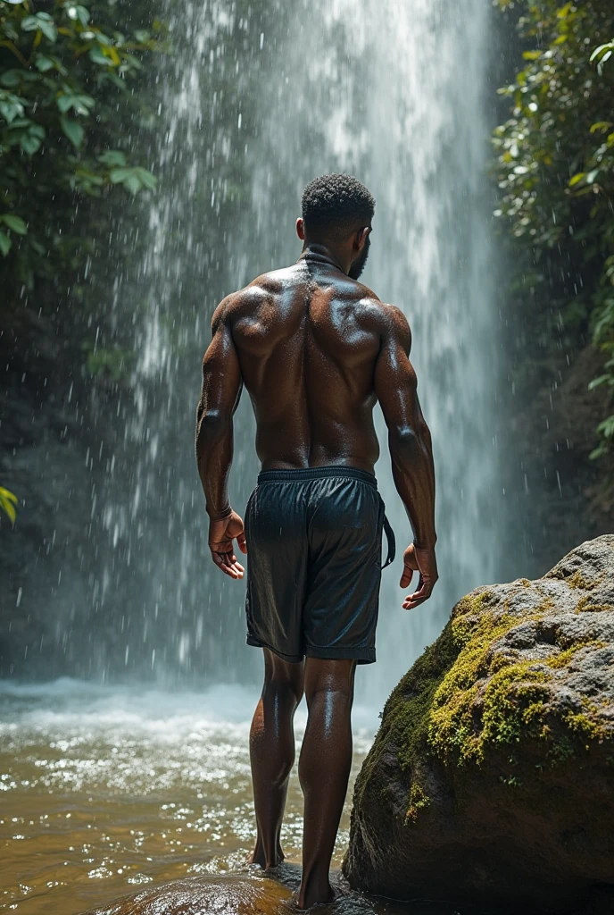I want a panther in the jungle bathing in the waterfall I want it half humanized