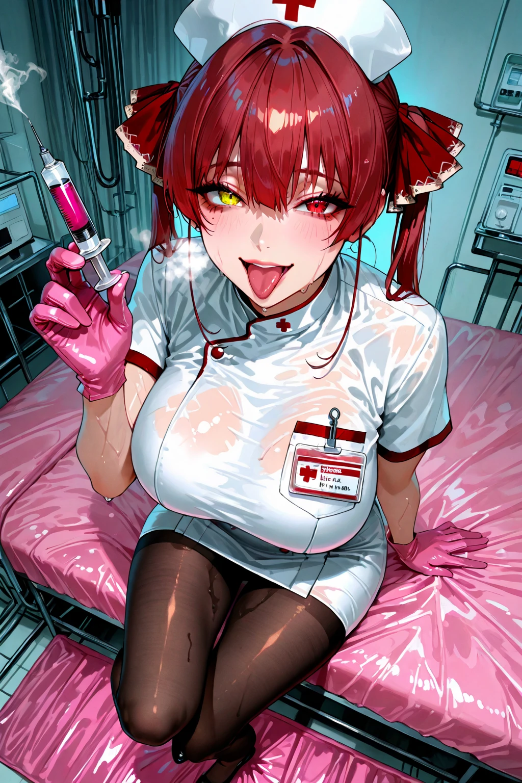 (Nurse's outfit),devil horns, red eyes, In a dark hospital room, Mind control by a succubus, Sexy latex strip, 3P sex, with devil's wings, Choker, big bust,Nurse's outfit, dark, night, pigtails, Moonlight, In a darkened hospital room, (panties)