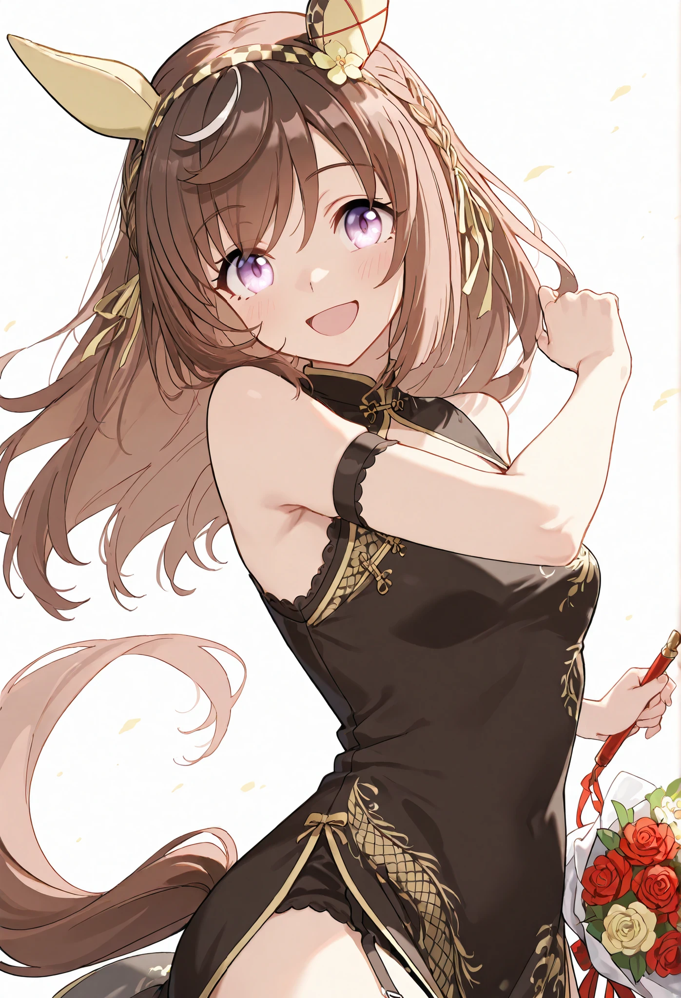 1woman:1.3}}}, ,{{{Buena Vista 1.5,Uma Musume:1.4,,Horse Ears,Horse Tail,}}},{{{A breasts:1.4}}},{{{masterpiece}}},{{{top quality}}}, {{Super Detailed}}, {{very delicate and beautiful}}}, {{{8k}}},{{{flat color:1.0}},{{{type-moon:1.5},{{{face focus:1.4}},{{{sexy pose}},,{{{white background,simple back ground}}},{{{sexy pose,dynamic pose}}}{{{open mouth,happy smile}}} }{{{batch:1.5}}}{{{face focus}}},\(umamusume\){{{upper BODY}}},black china dress,、{{{winking}}} soft lighting,dynamic pose, throwing a powerful punch” 美しい影, 1girA (( China dress with a feather fan, open back and embroidered with golden flowers and dragons, black china dress、Chestカットアウト、Chest、garter belt、Garter Straps、pelvic curtain、sleeveless、side slit、hair flower、 holding a bouquet of flowers