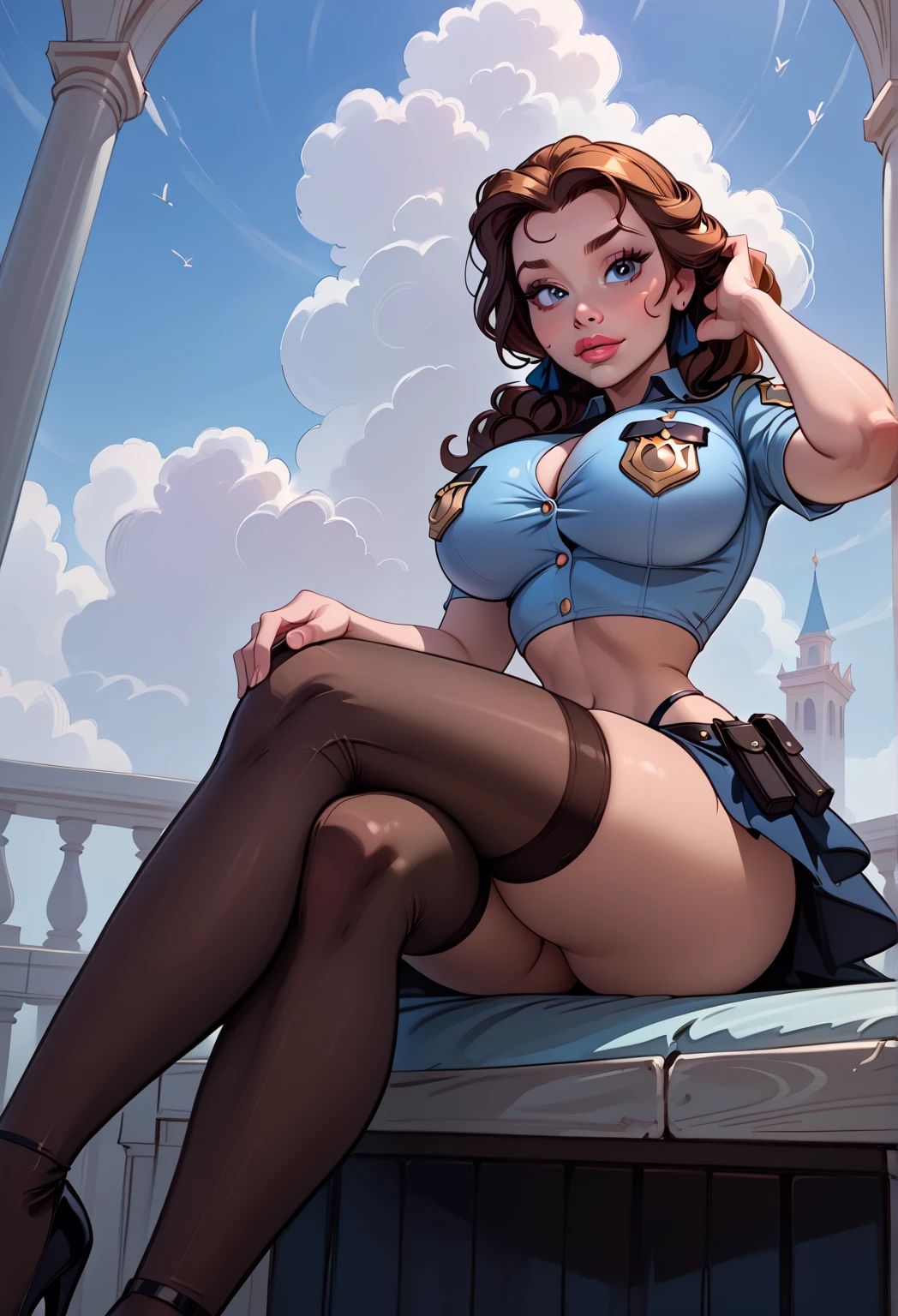 hiper-realista, cinematic angle, blue neon blurred background, circuitos aparentes, vibrante, detalhado, zbrush, comic illustration, trends on Artstation. por Peter Mohrbacher, por wlop, por Ruan Jia, por Alphonse Mucha, por Dmitry Prozorov, por Norman Rockwell, 1 woman, Ultra HD, retina, obra de arte, Anatomicamente Correto, pele texturizada, detalhes altos, premiado, Melhor qualidade, 8k, alto,(shirt, holster, gun holster, bondage gear, choker, headband, pantyhose, harness ), shaved pussy, large perfect breasts, wide hips, thick thigh
