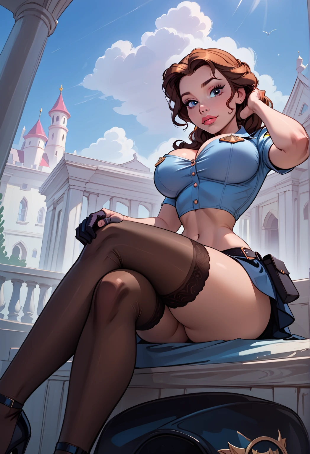 La mujer, Стиль Assassin's Creed, ropa corta, poca ropa,pantyhose, botas hasta la rodilla, Ciudad medieval al fondo, Renacimiento, muy detallado, Realistic long-term photography., 4k, pelo largo, brown hair, By the chestnut, labios rojos, spread legs, squatting, Chica con traje de Assassin&#39;s Creed Altair con capucha, Assassin symbol&#39;s Creed en la cintura, sexy,red lips, brown eyes, big breasts, pechos grandes, breasts
