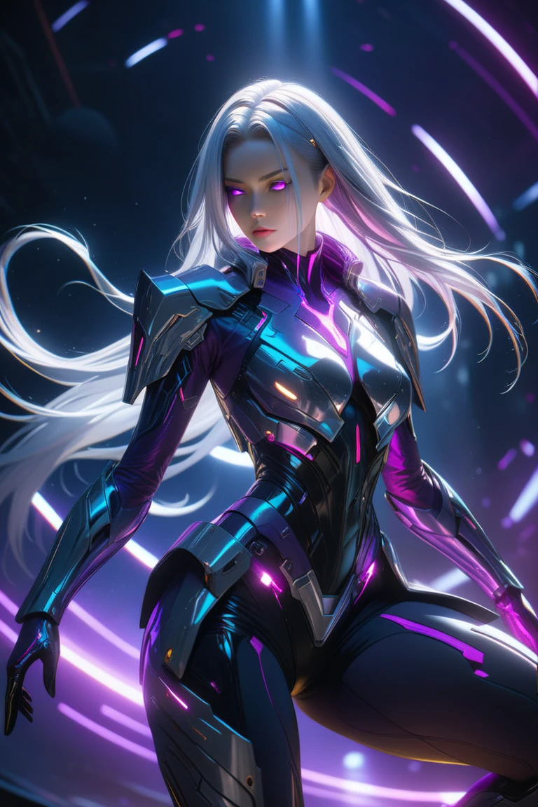(​masterpiece,best quality,Ultra-detail,very detailed illustrations,extremely detail,complicated details,highres,(Masterfully crafted glow:1.4),(Lens reflection:1.3),super complex details,extremely detail 8k cg wallpaper,Cowboy-shot, Corrosive,Consideration,Raytracing,Demon theme,Nebula,Dark Aura,Cyber Effect,alone,mecha musume,mechanical parts, Robot joints,(single mechanical arm), Headgear, mechanical halo,Stern hallo,(complicated ((White)) and purple mechanical ninja suit),(violet purple glow:1.2), (purple suit lights), mecha corset, Full Armor, (very long, translucent hair),(bioluminescent White hair:1.2),(Shine for your hair:1.4), hair between the eyes,(((colorful))),((the picture)),(indoors),(Carbon fiber),(Coole Action-Pose:1.3),(nervous:1.5), (luminous White hair:1.4),(blue eyes), (bright blue eyes:1.4),(glowing eyes:1.4),(eye trail:1.1), Intensiv expression,(Dynamic action),(Hand on hip:1.2),(cybernetic metal Lynx ears:1.3),(thin ((metal)) cybernetic tail:1.4),( action-oriented pose, holding dual daggers with an ethereal glow. The background should be a dark, mystical forest or an ancient, ruined temple, with a moonlit sky casting an eerie glow. The overall style should reflect the detailed, fantasy-rich art of Lineage 2, with vibrant colors, dramatic lighting, and a sense of magical realism.、permission 8k、complex parts、Toned waist、Wide buttocks、Эффект Тиндаллаmasuter piece、top quality、Highest standards、Highest image quality、table、complex parts、a high resolution、depth of field、natural soft light、professional lighting、about, standing, very long hair, cowboy shot, brilliant, brilliant hair, (night:1.2),Dreamy, [[gentle fingers and hands:0.55]::0.85],(detailed fingers),),(emotional),(breathtaking),(main part:1.2) whole body.), (Anime Style), (Super Detailed), (brutal), (uhd, HDR), (8k), (High Resolution: 1.2), (Complex and Beautiful: 1.2)