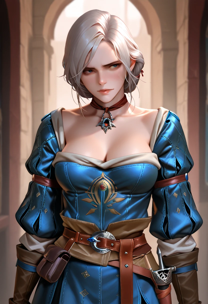 (extremely detailed CG octane render 8k wallpaper) (Detailed face:1.2), (Detailed eyes:1.2), (Detailed pupils:1.2), (detailed skin:1.3), (Textured skin, skin pores: 1.1), medieval setting, 1girl, solo, masterpiece best quality, 26 year old Scandinavian woman, beautiful face, Golden hair, bright blue eyes, pale skin, large breasts, dark blue dress, cleavage, exposed shoulders, silver tiara, white stash, a Full Shot body portrait, looking at the camera, full dynamic color, Intricate, High Detail, Sharp focus, dramatic, photorealistic painting art by greg rutkowski