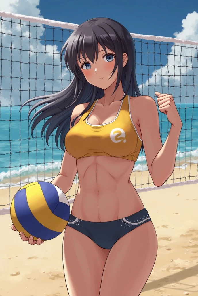 Woman, Athletic and toned body, light skin tone, long black hair tied in a ponytail, green eyes with a penetrating and seductive look, breasts big, exciting look, Beachwear, blushed face, haikyuu, ((single image)), In the background there is a sand volleyball court, ((summer night starry sky)), both hands on the thigh, body slightly curved forward, showing bra cleavage
