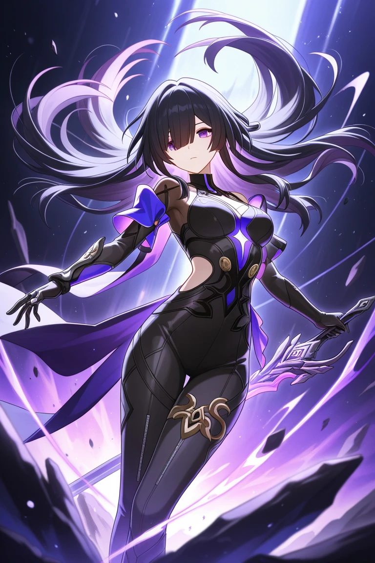 woman dress/blue adamantium female victorian armor, violet, black not so sensual. Laughing black hair honey eyes space moon full body.