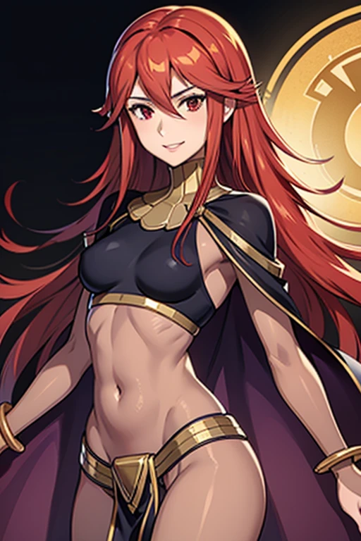 Appearance:Shallter has long, intense red hair., complementing his deep red eyes that reflect his power over blood.She is of average height, cerca de 1,65 meters, with a physical presence that combines strength and grace.Clothing Style:Shallter wears a long, fitted battle tunic, made from a resistant and flexible fabric, adorned with golden details or intricate patterns that symbolize its divine powers.Light armor is embedded in vital areas, like shoulders, Arms and legs, offering protection without compromising your agility.Sturdy gloves and sturdy boots complement the outfit, providing additional protection.fund:She is in a setting that reflects her divine status, perhaps an ancient temple with carved columns and sacred symbols in the background.The lighting is soft, highlighting her figure as she demonstrates a confident and determined pose.