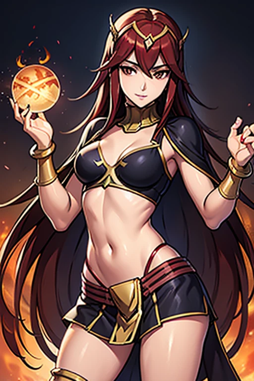 beautiful young woman, perfect body, perfect boobs, perfect thighs, long curvy messy red hair, red eyes, wearing red linen ancient tunic, highly detailed enchanted cloths, flames are twisting around her body, fire radiation, flame sparks around her, flaming field background, masterpiece, ultra realistic, 4.5 head to thighs photo, dynamic pose, blur motion, hd, 8k, exposed belly