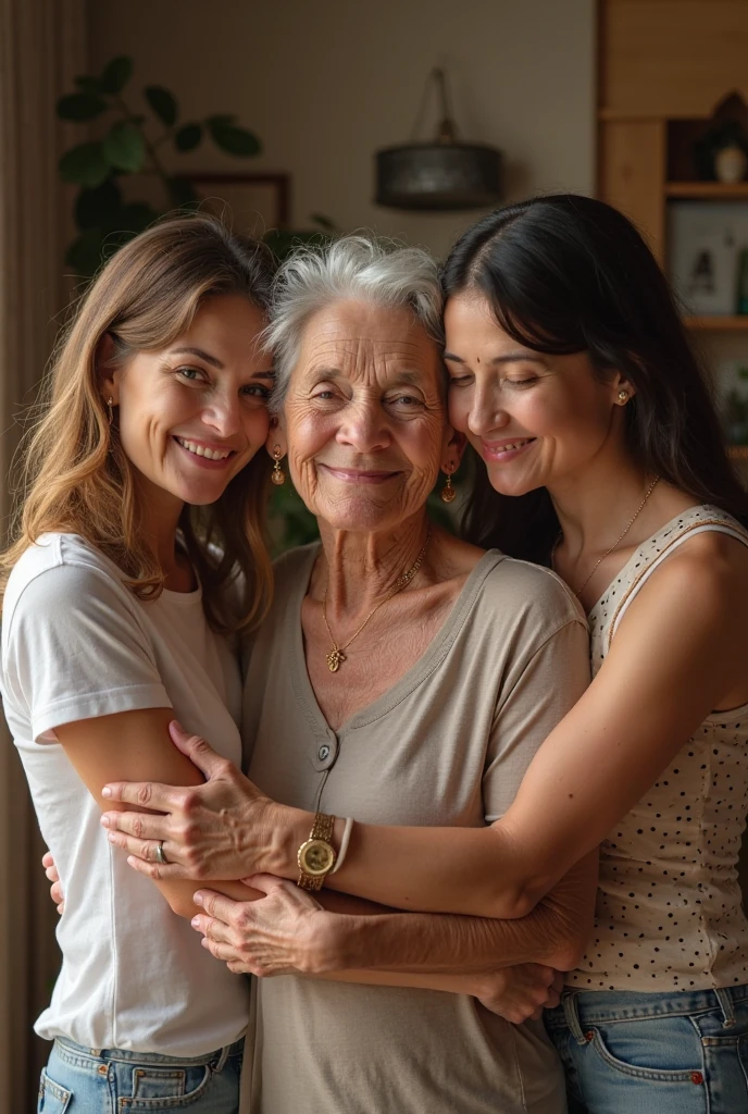 Venezuelan girl of 26 years old brown hair taking a selfie smiling with a very old lady of 62 years old white hair smiling