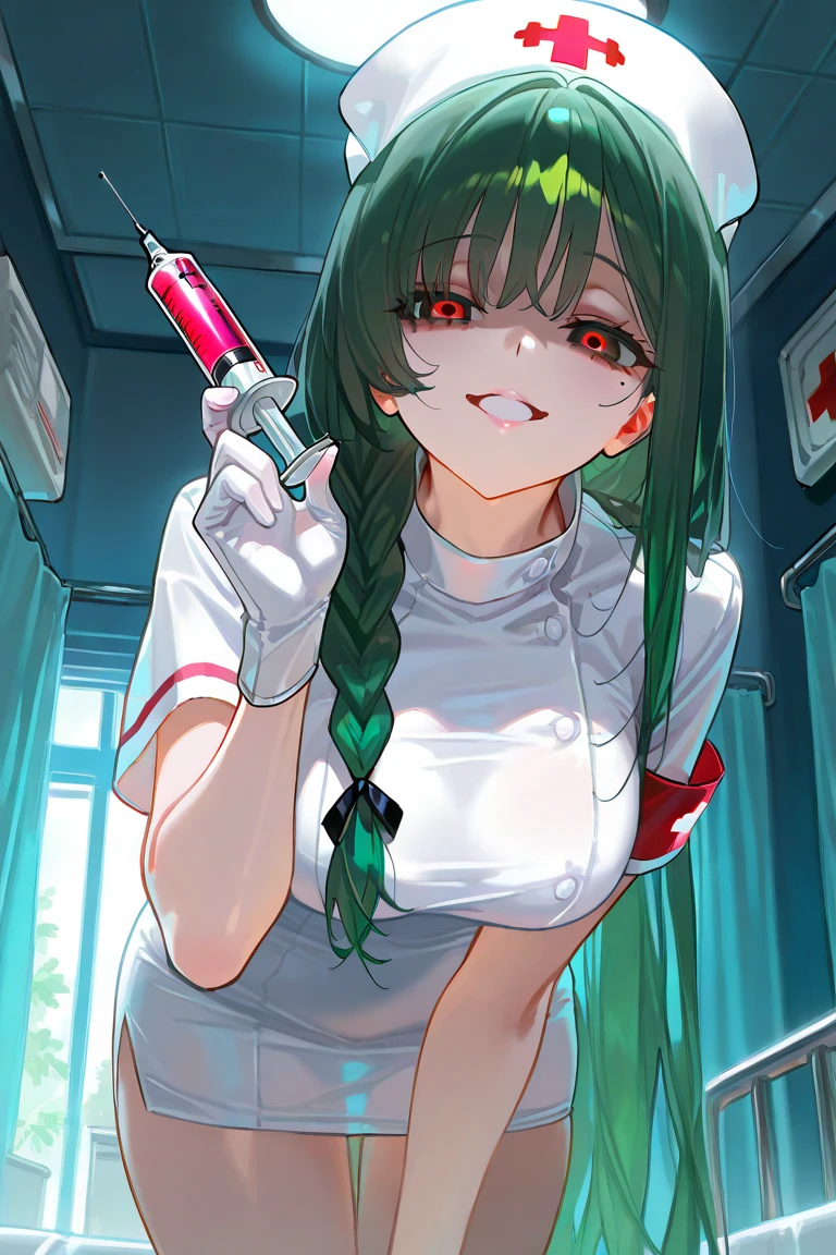 nurse outfit, large breast, big breast, cleavage, long green hair, blue eyes