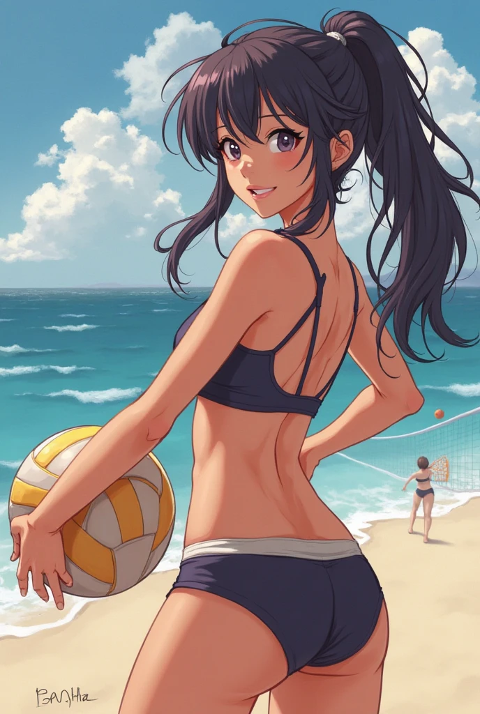 Anime girl in bikini holding a beach ball, Sit on the beach, beautiful face, back view, Laugh playfully, Beautiful sea, At the Beach, In summer, On a bright sunny day, Simple illustration, masterpiece, Super Detail, Awards, perfect figure, artstation BREAK Ultra-high resolution、8k, super quality, 4k anime wallpaper, 4k yen manga wallpaper, anime wallpaper 4k yen, anime wallpaper 4k, Highly detailed background, Highly detailed background,