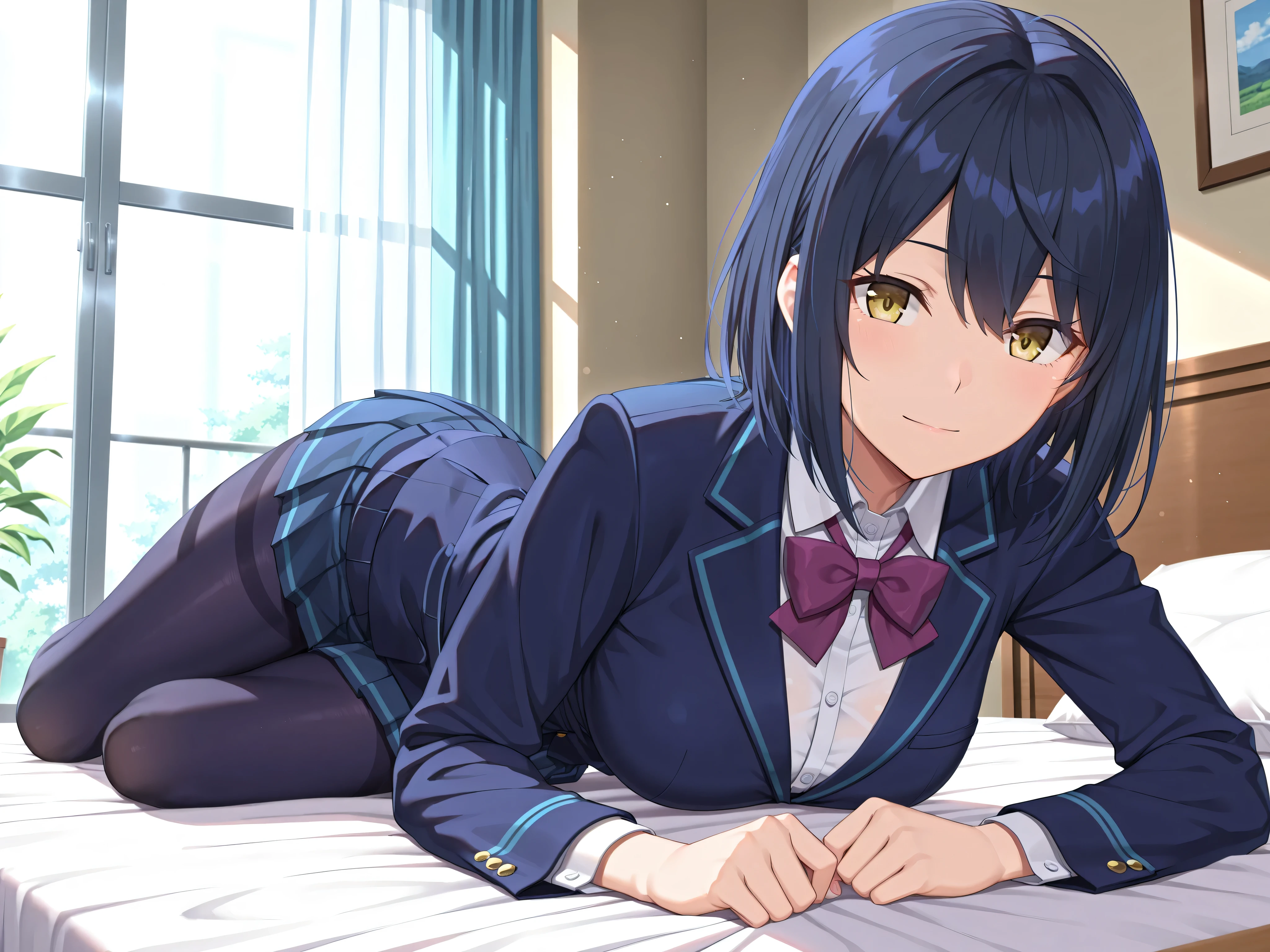 solo,masterpiece,best quality, amazing quality, highres, absurdres, very aesthetic, high resolution, ultra detailed, perfect details,nijirin,medium breasts,yellow eyes,blue hair,black hair,moles,medium hair,nijirincos,white shirt,collared shirt,purple bowtie,blazer jacket,blue jacket,closed jacket,blue skirt,miniskirt,pleated skirt,dark blue pantyhose,(masterpiece, detailed:1.2)、look at viewer,mature female,anime screencap,
