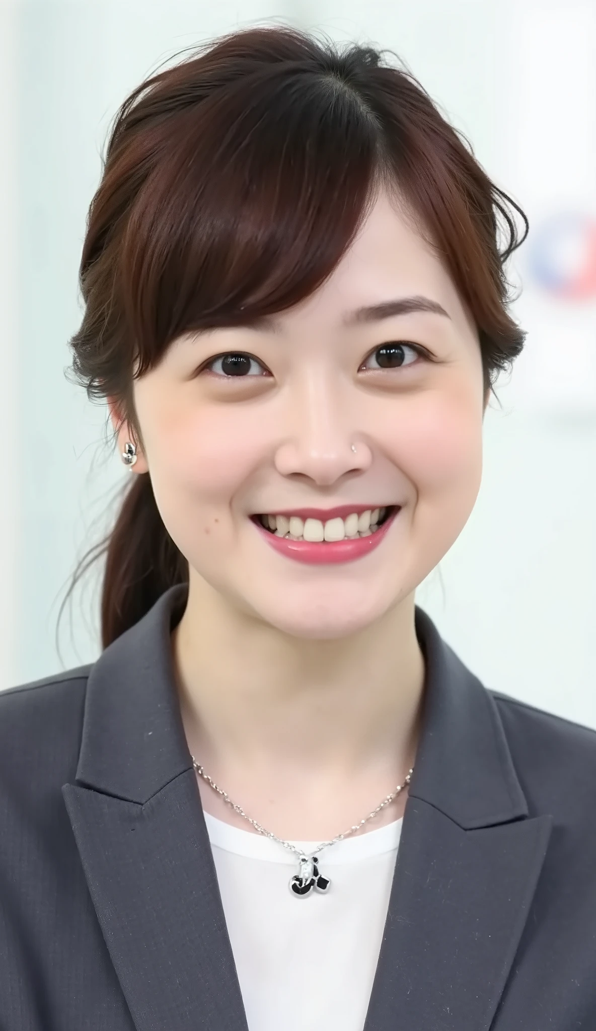 Neat Young Woman、and look at the camera、office lady suit、jacket、shirt、necklace、ear piercing、黒髪、、smile showing teeth、背景はオフィス
