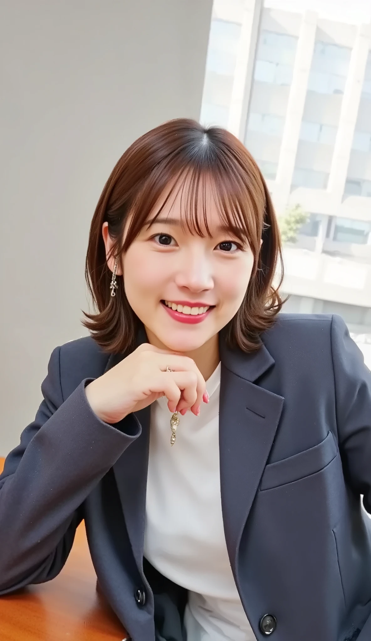 Neat Young Woman、and look at the camera、office lady suit、jacket、shirt、necklace、ear piercing、黒髪、、smile showing teeth、背景はオフィス
