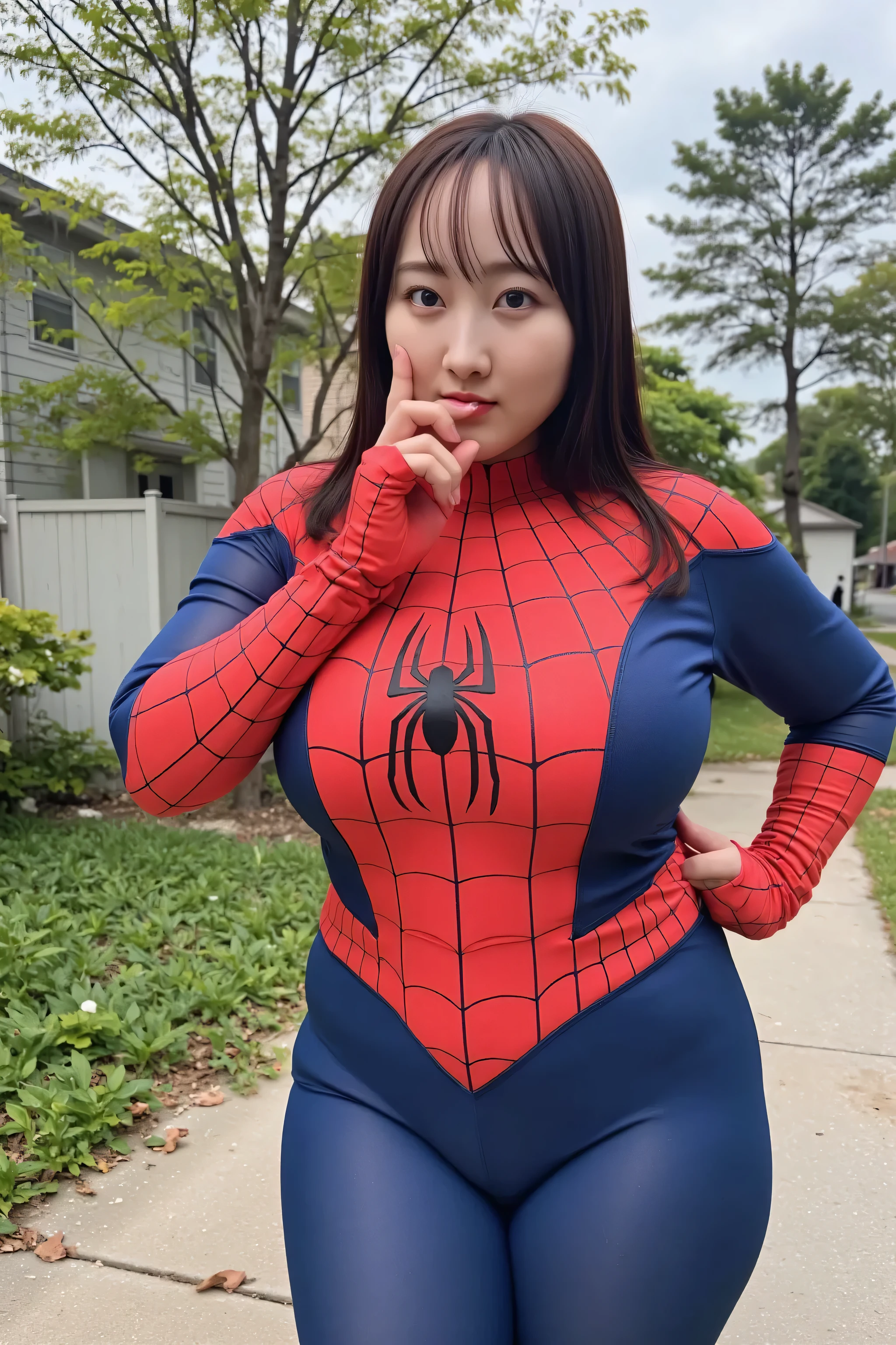 Full-figured body, Plus-size woman, Spider-Man, Peter Parker, NSFW, 1 girl, (cleavage cutout : 2.5), realistic cleavage, (She is wearing nothing but a highly detailed, realistic, skin-tight rubber Spider-Man suit with a plunging neckline. : 1.9), (Deep Cleavage : 1.9), (Plump body : 1.8), Full-body shot from a moderate distance, looking at the camera, sensual, Voluptuous Style,