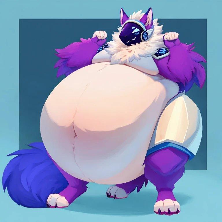 Light blue colored bara dog, white countershade, white skin, large hairy pecs, strong physique, yellow markings, white hair with yellow strips samurai hair in ponytail, green colored eyes, blue sclera, very muscular, large belly, perfect anatomy, scars on body, full body view in frame, nipple piercings, solo, masterpiece, sexy pose, manly pose, beard, strong jaw, thick thighs, giant biceps, huge hairy pecs, muscular, large gut, smirking, smug expression, curly dog tail, macro, tall, incredibly huge, insane height, height difference, insanely tall, in a flower field, from above angle, top down angle, correct perspective, wearing thong, grin, amazing shading, full body, detailed hands, detailed eyes, detailed face, detailed arms,anthro, muscular, abs, (detailed:1.5), male, detailed background, by bozi, by zackary911, by SligarTheTiger