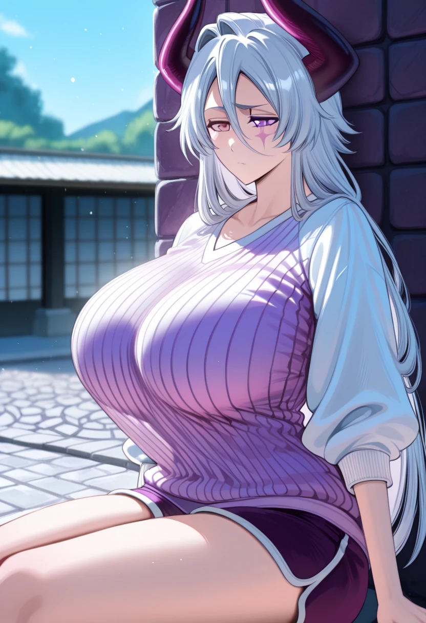 Masterpiece, 1girl,solo,huge breasts, ghost costume , (hitodama) ,night, tombstone, graveyard, long sleeves, very long sleeves, , ghost, pale skin,, off shoulder, cleavage, no bra, (((extremely long white hair))), lying on ground by tombstone, bare legs, shredded tattered clothes, curvy wide hips, massive breasts, chubby thighs, (((beautiful bright pink anime eyes))), japanese graveyard, from above, full lips, beautiful mature face, MILF