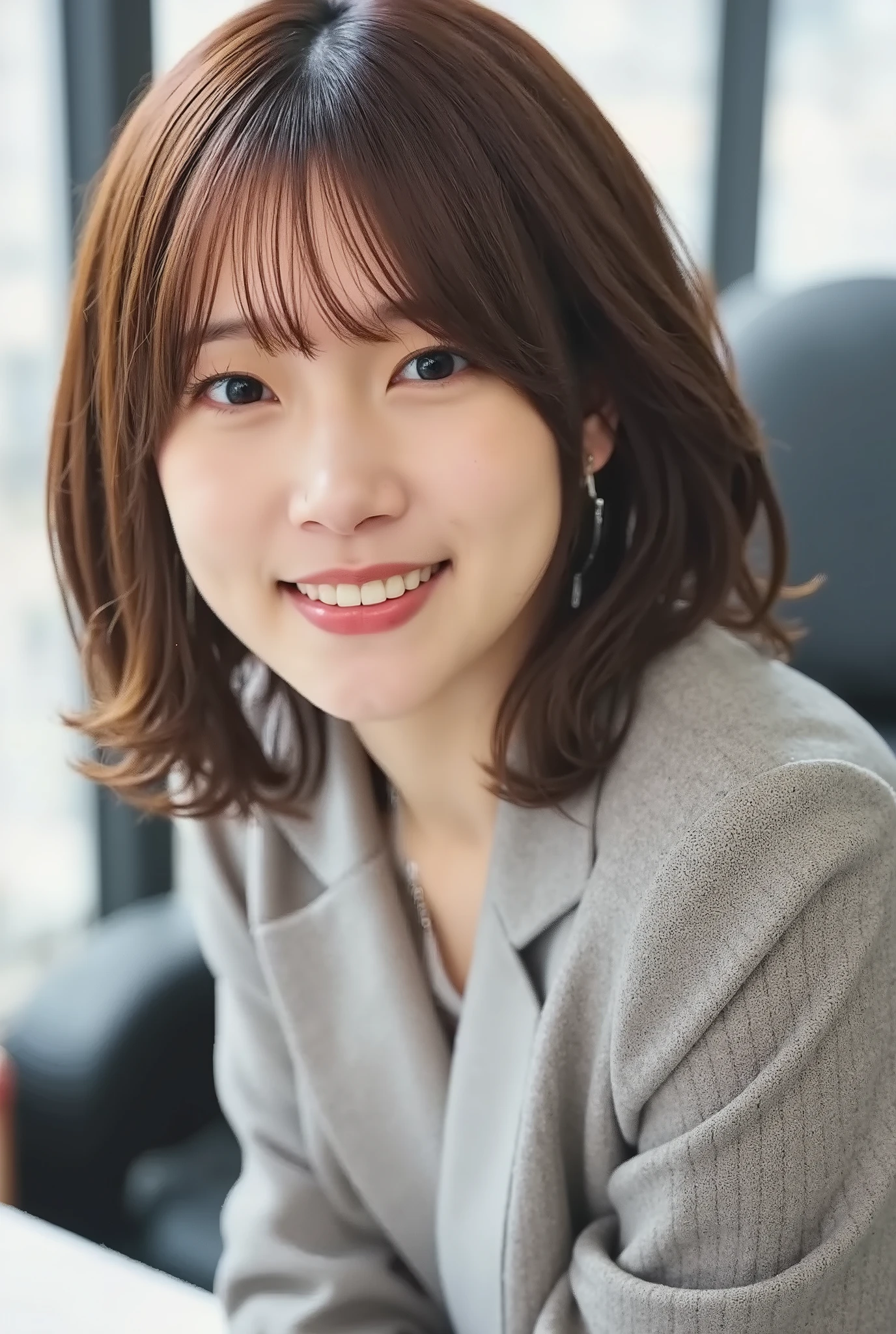 Neat Young Woman、and look at the camera、office lady suit、jacket、shirt、necklace、ear piercing、黒髪、、smile showing teeth、背景はオフィス