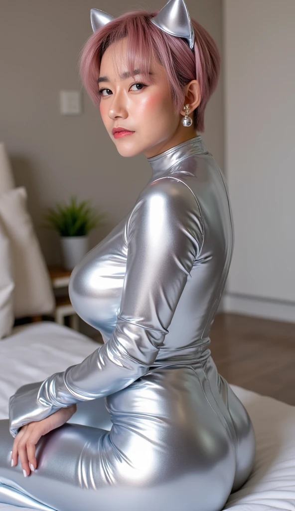 Sex and Beautiful, mother-in-law, japanese, voluptuous, silver shiny maxi knit dress, In the living room, seductive expression, short sleeve