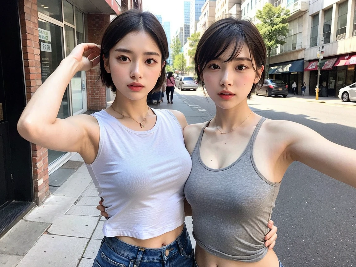 ((Realistic lighting, Best quality, 8K, Masterpiece: 1.3)), Clear focus: 1.2, 1girl, Perfect body beauty: 1.4, Slim abs: 1.1, short hair, ((Red hair, Milk: 1.3)), cowgirl pose, (Outdoor, daytime: 1.1), Country street, Super fine face, fine eyes, double eyelids, curly hair, fair skin, Big breasts, random color clothes, conjoined_dicephalus, (two heads:1.2)
