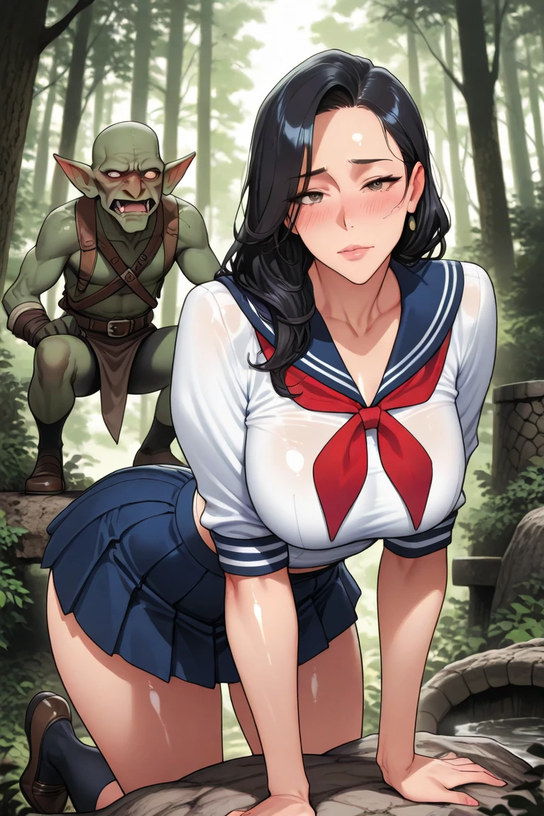 (NSFW)、 hight resolution, (ultra-detailliert:1.1), Blood, Watercolor style, (soft blending:1.4), (dreamy washes:1.4), (delicate textures:1.4, BREAK (Bokeh photos:1.3), Soft Focus, Out-of-focus highlights, dreamy ambiance, Captivating depth, Blurry edges, Dynamic Angle, more_Details:1.5, ((masutepiece:1.4)), ((Best Quality:1.4)), (Ultra-detailed:1.4), ((kawaii)), Cute, (lovely), ((Sexy)), (Ero), ((Extremely detailed)), 4K, (8K), Best Quality, (Beautiful face:1.3), Anime style,(ripped clothing)、Man on the right、Man on the left, Man in the back、Sex with a man、A man rubs his chest、Running away、Reluctant、(crying how bright:1.2)、both sides、3 males、Women are princesses、A dark-haired、(goblin licks a woman:1.5、MCharacter opening leg:1.2、Goblin straddles a woman:1.2)、(feeling of disgust:1.2)、(cum shots:1.0)、A little blood comes out from my crotch、(Splattering sweat:1.5)、Looking from the side