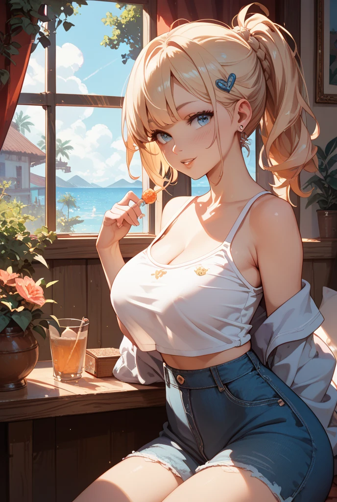 masterpiece、highest quality、Very detailed、An illustration、Beautiful fine details、One Girl、cute、Detailed landscape、Training Room Background:1.4、Platinum Blonde Hair、Braided Ponytail、Red camisole、((a cup breasts, Tank top showing underboob:1.3))