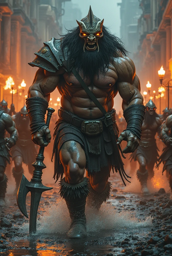 A fearsome legendary berserker predator warrior huge brave, imposing pose from head to toe steps on the battlefield. face painted with intimidating tribal markings. He wears animal skin armor that reveals the scars of past battles. Wielding a huge spear forged by the gods, which reflects the sunlight in the heat of battle, he advances at a steady pace while his enemies tremble, looking like dolls incapable of stopping him.best quality 8k