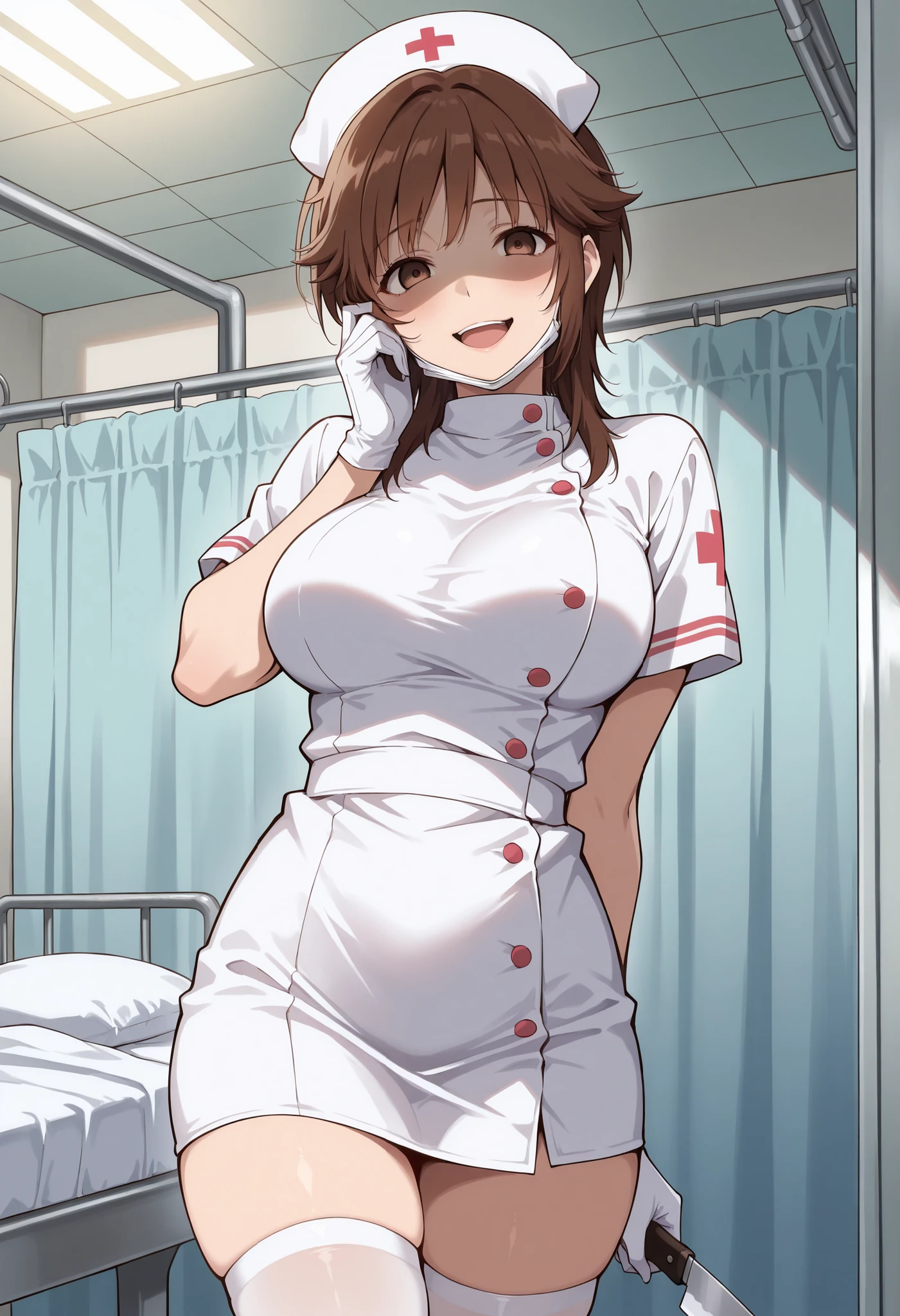 Score_9, score_8_up, score_7_up, source_anime, srkho, solo, brown hair, medium hair, brown eyes, large breasts, (best quality), (high quality), {masterpiece}, extremely delicate and beautiful, ultra-detailed, beautiful detailed eyes, nurse, nurse hat, ((white nurse's outfit)), white gloves, white thighhighs, hospital room, white mask, mask pull, yandere, crazy smile, open mouth, shaded face, holding knife, one hand on cheek, standing