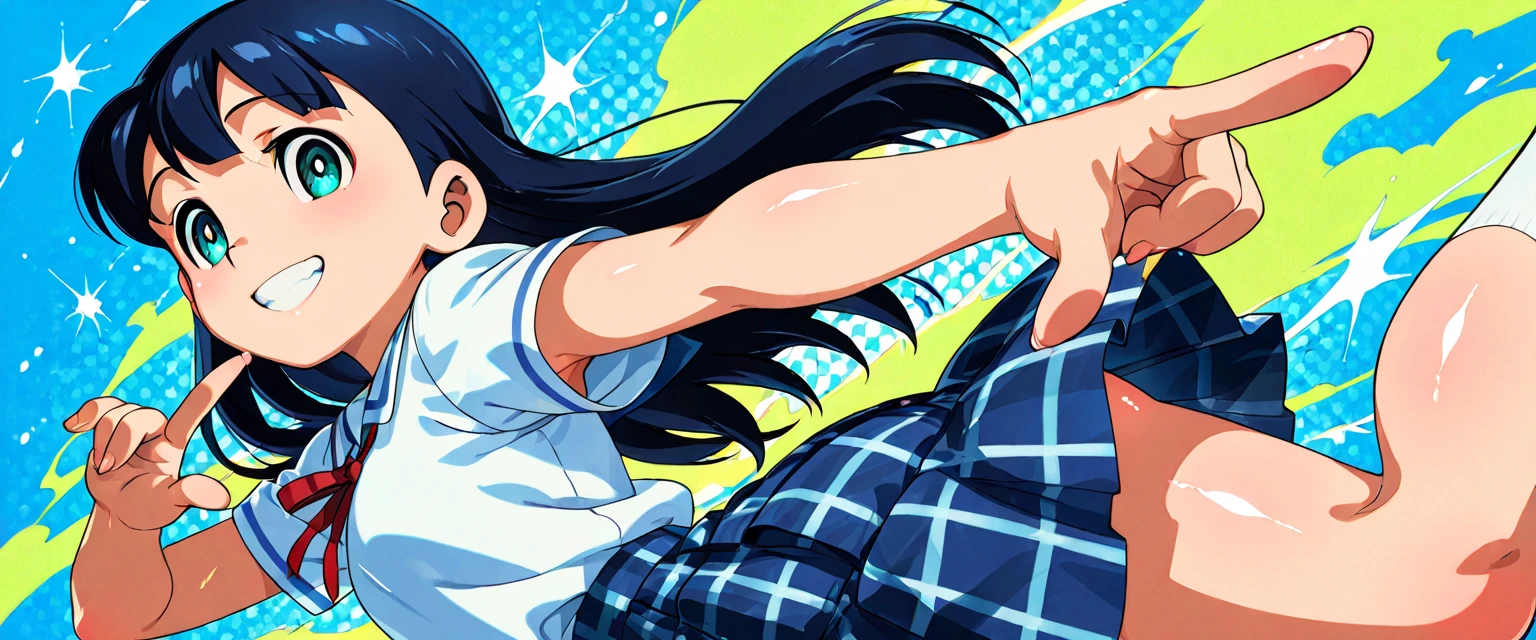 Female student, navy blue sailor  In the red eyes of a snake Long black hair with red highlights, two fingers raised, short skirt, high school backdrop. 