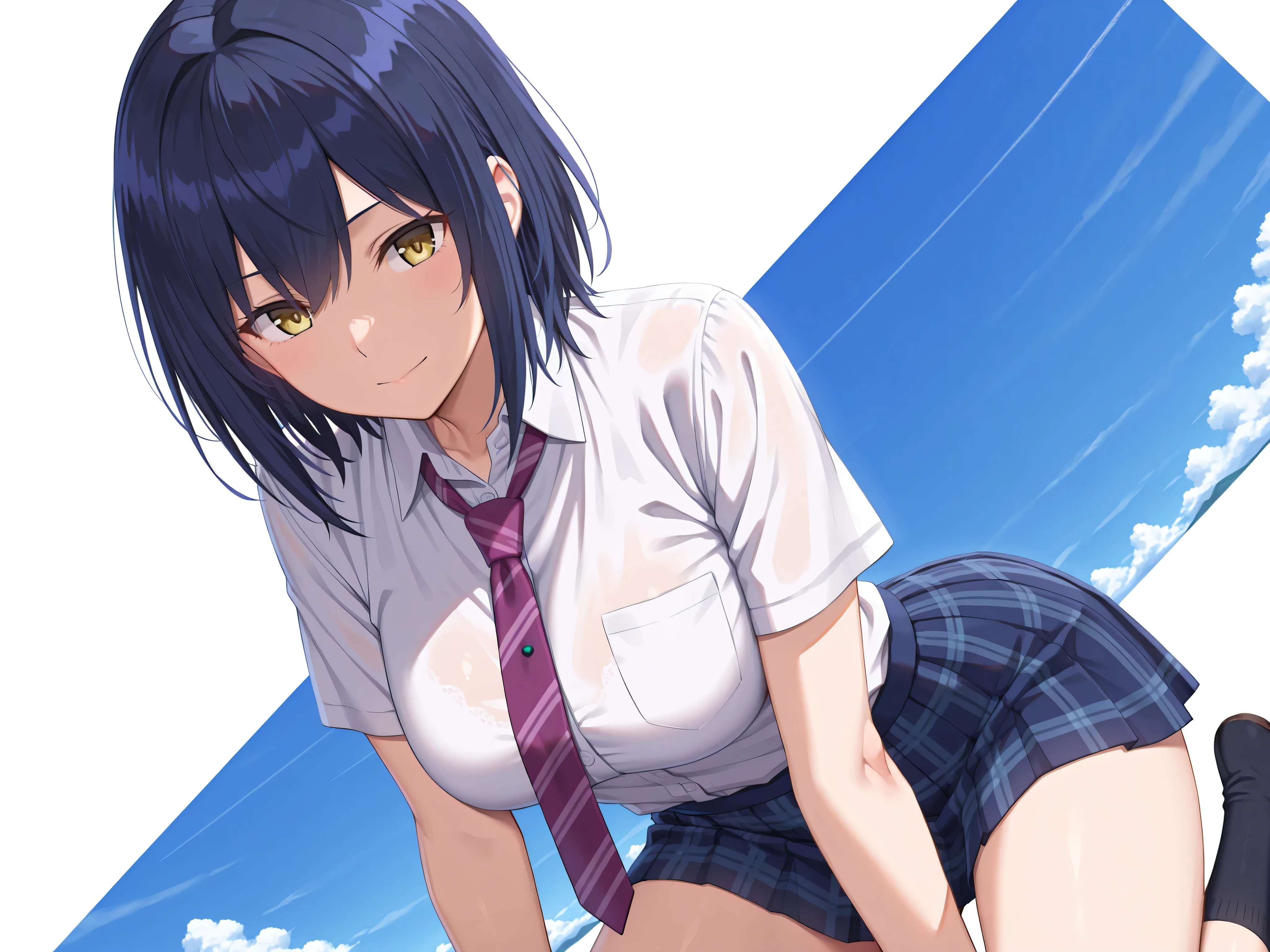 ((masutepiece, Best Quality, hight resolution, nffsw, Perfect Pixel, depth of fields, 4K, 1girl in, Solo, , Beautiful anime girl, Beautiful Art Style,
sitting on table:1.3, show feet:1.5, sky from below:1.5, full body:1.5, classroom background, Looking at viewer.
Perfect body, happy, show teeth, show feet:1.5, spread legs,
yukinoshita yukino, large breasts, Full face blush, black stockings, Plaited skirt, white shirt, black jacket,
straight on:1.3, medium shot