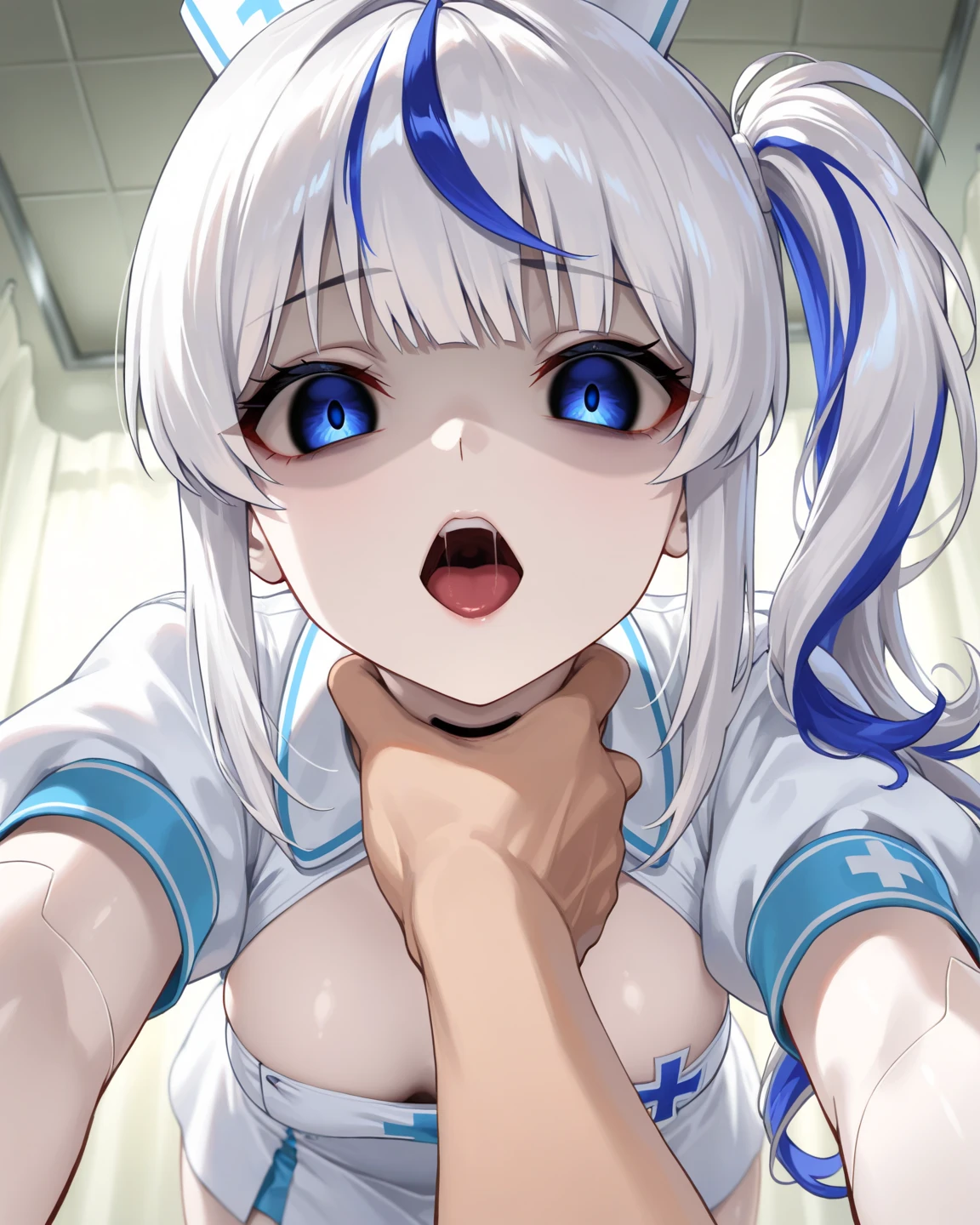 cheek bulge, naked, erotic, ero, 18+,, pov crotch, 1girl,close up, face focus, 1boy,penises, oral, on the bedroom, Irrumation ,fellation , minet, cum mouth , looking at viewer,frown, naked long silver hair, purple detailed sparkling eyes,