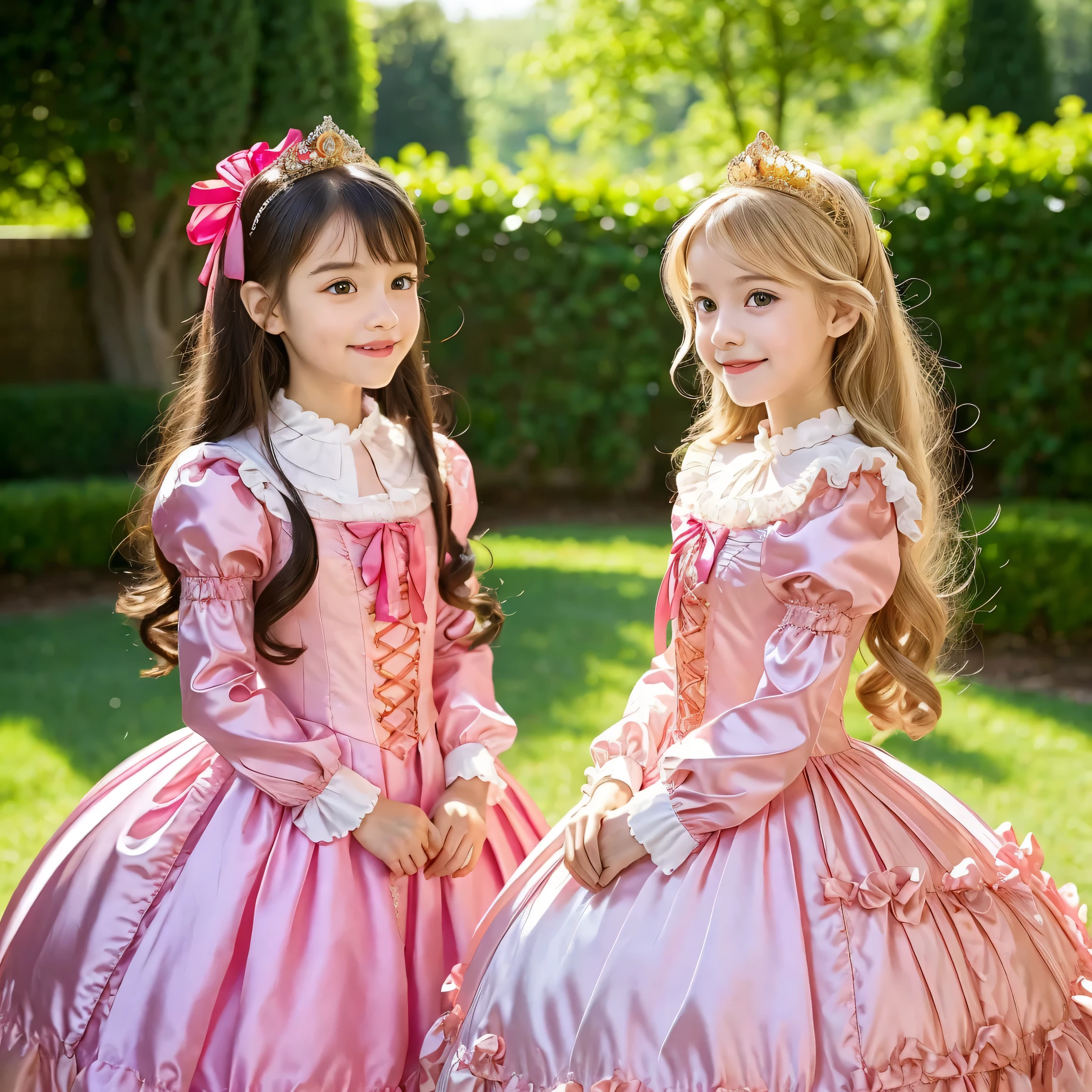 ,highest quality, masterpiece, highest resolution, artwork, super それにget used to it, many get used to it, get used to it, それにget used to it, 3k realistic pictures,,((10 year old little girls)),Ultra-detailed juvenile face,three are princesses,full length ball gown dress with hoop skirt,ruffled yoke collar,puff sleeves,long sleeve,((Lolita style hot pink detailed princess satin dress with lots of ruffles and ribbons)),Rococo style lolita fashion,shiny satin dress,Soft and smooth fabric,luxury,long blonde hair,blue eyes,white skin european,Pajama,((in the bedroom)),luxury princess canopy frilled bed,super detailed silk satin bed,lot of frilled pilliwslying on the bed,High-quality background,