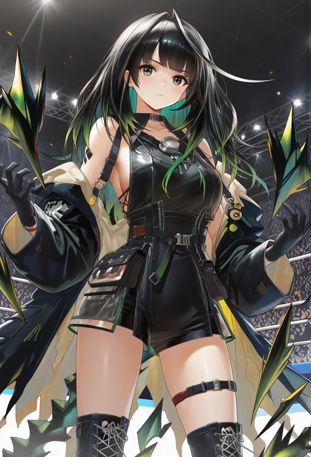 Adult, one female, Long black hair with green line in the middle, white shirt with Rank on the shoulder , short green skirt with gold trim, attack mode With a hand fan, in a cyberpunk city mirroria, Slanted eyes, Glare, masterpiece, variation style