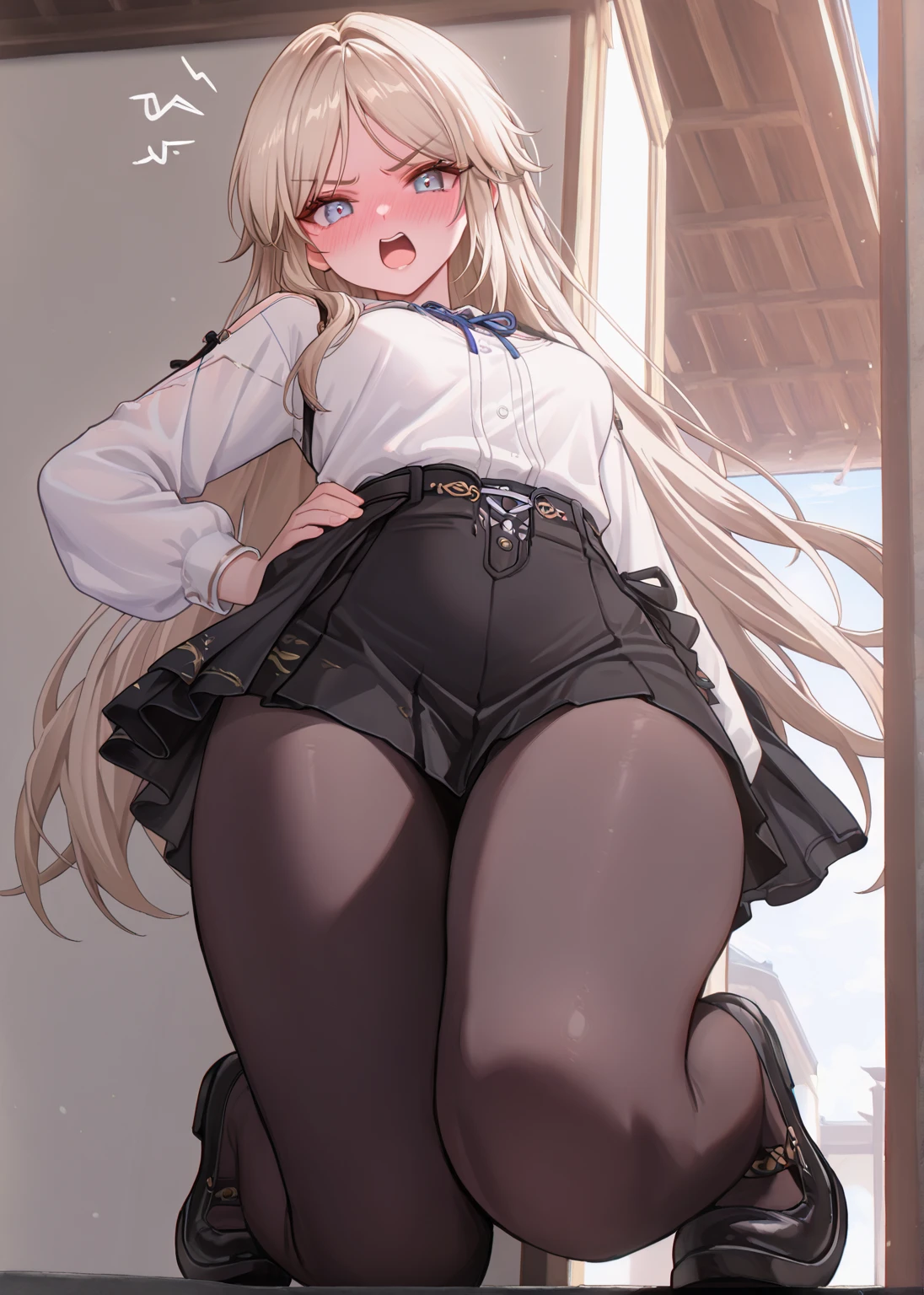 masterpiece, highest quality, hd, 4k, Ultra-high resolution, Extreme Detail, Very detailed, (One girl), senakashiwazaki, sena kashiwazaki, Blonde, Butterfly Hair Ornament, Long Hair, destroy cardigan, Checkered clothing, checkered skirt, Jacket, Long sleeve, tie, , shirt, skirt, Sexy panties, Full Body Shot, (Bedroom), On the bed, bed, bed, bedroom, back view, look at viewer, Gigantic hips, Back Shot, back view, crawling position, looking back over the shoulder, Back Pose, Backwards pose, Show your ass, Stick your butt out, Butt Emphasis, Butt close-up, (Embarrassed look:1.5), thigh, Ahegao, blush, Shyness, Highly detailed face, Perfect Sentence, Detailed CG, (Perfect hands, Perfect Anatomy), (White panties:1.5), Angle looking up from below、Realistic Skin, Shiny skin, Glowing Skin, Professional Lighting, Sweaty Feet, ((On the white sheets)),
