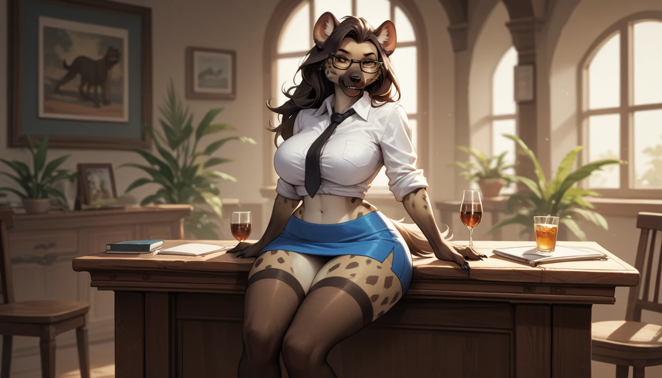 score_9, score_8_up, score_7_up, score_6_up, score_5_up, score_4_up, (solo), female anthro zebra, secretary clothes, skirt, lusty, fluffy body, black hair, turquoise eyes, (thick thighs:1.5)((( offering the breasts))) sex partial clothes, (((cleavage))) semi-butonned uniform niform, (barely_visible_booba) (she is sitting) , giant breasts, garter belt tights , front view, open legs (panties pink)